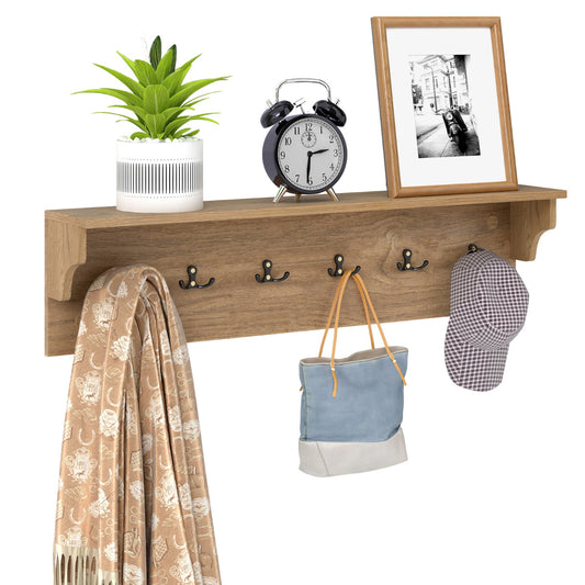 80 CM Wall Hooks with a wooden shelf holding a plant, clock and photo frame with items hanging below