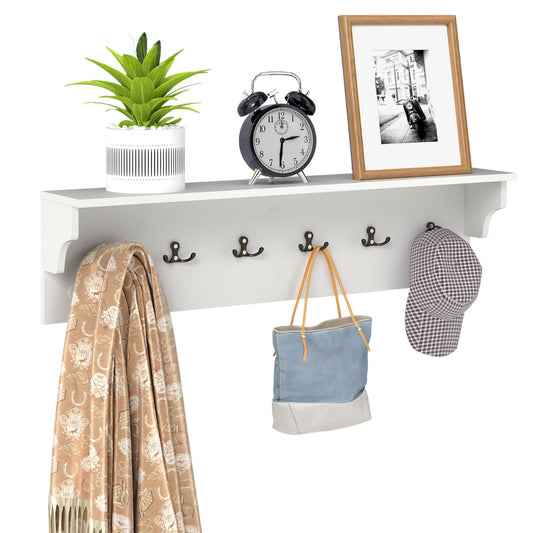 80 CM Wall Hooks with Shelf Wooden Coat Rack-White, a white wooden coat rack with a shelf above and six black hooks below