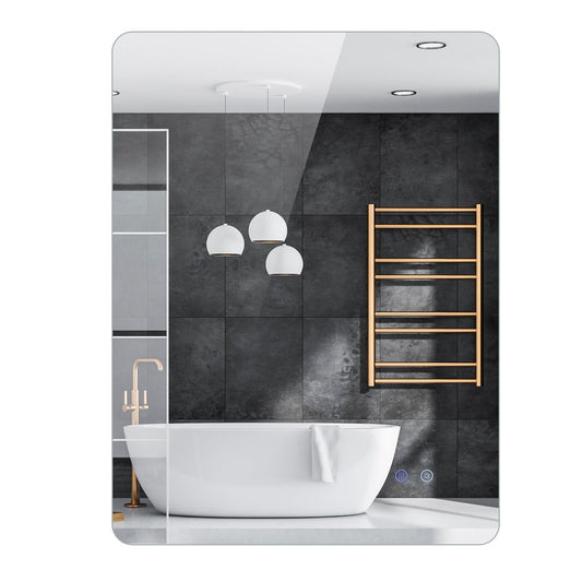 Rectangle LED Lighted Mirror in a modern bathroom with a bathtub and towel rail