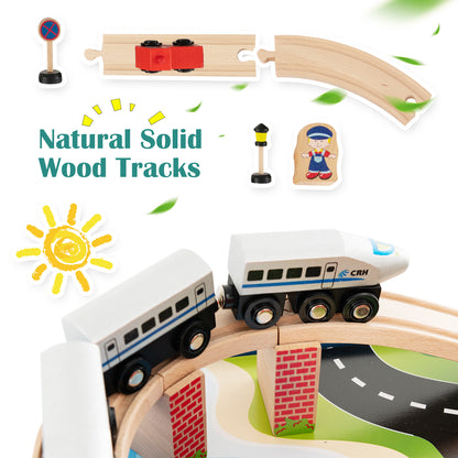 Close up of the wooden train tracks and carriages on the activity playset