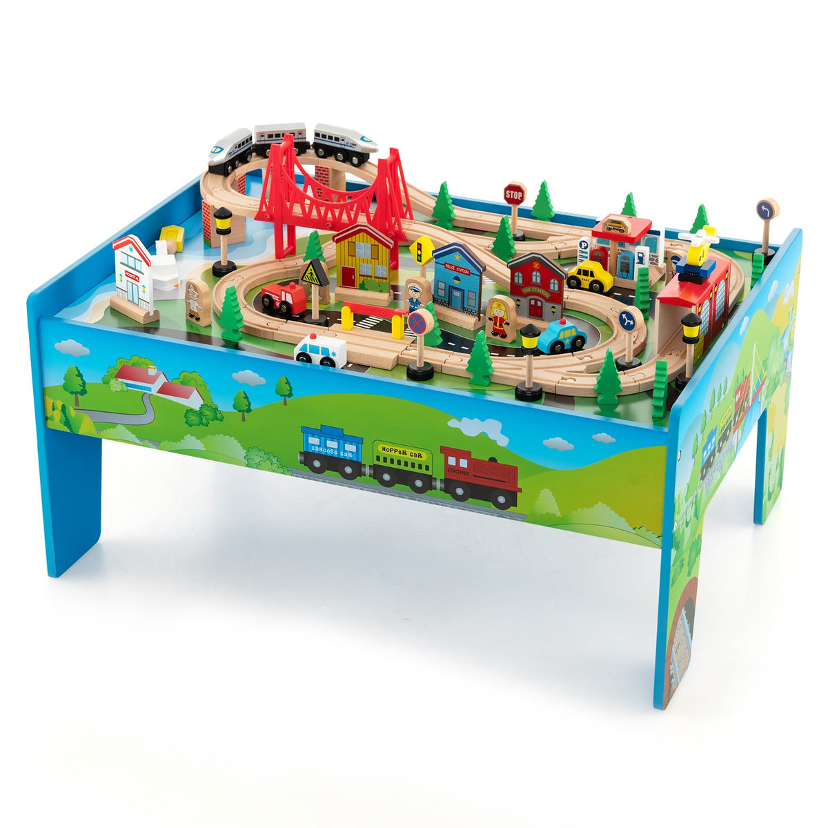 80-Piece Wooden Activity Playset with reversible tabletop and colourful train set