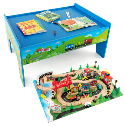 The wooden activity playset with train tracks and buildings, with a separate board showing parts