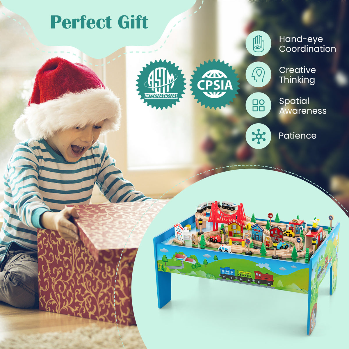 Child opening a gift box with the wooden activity playset inside