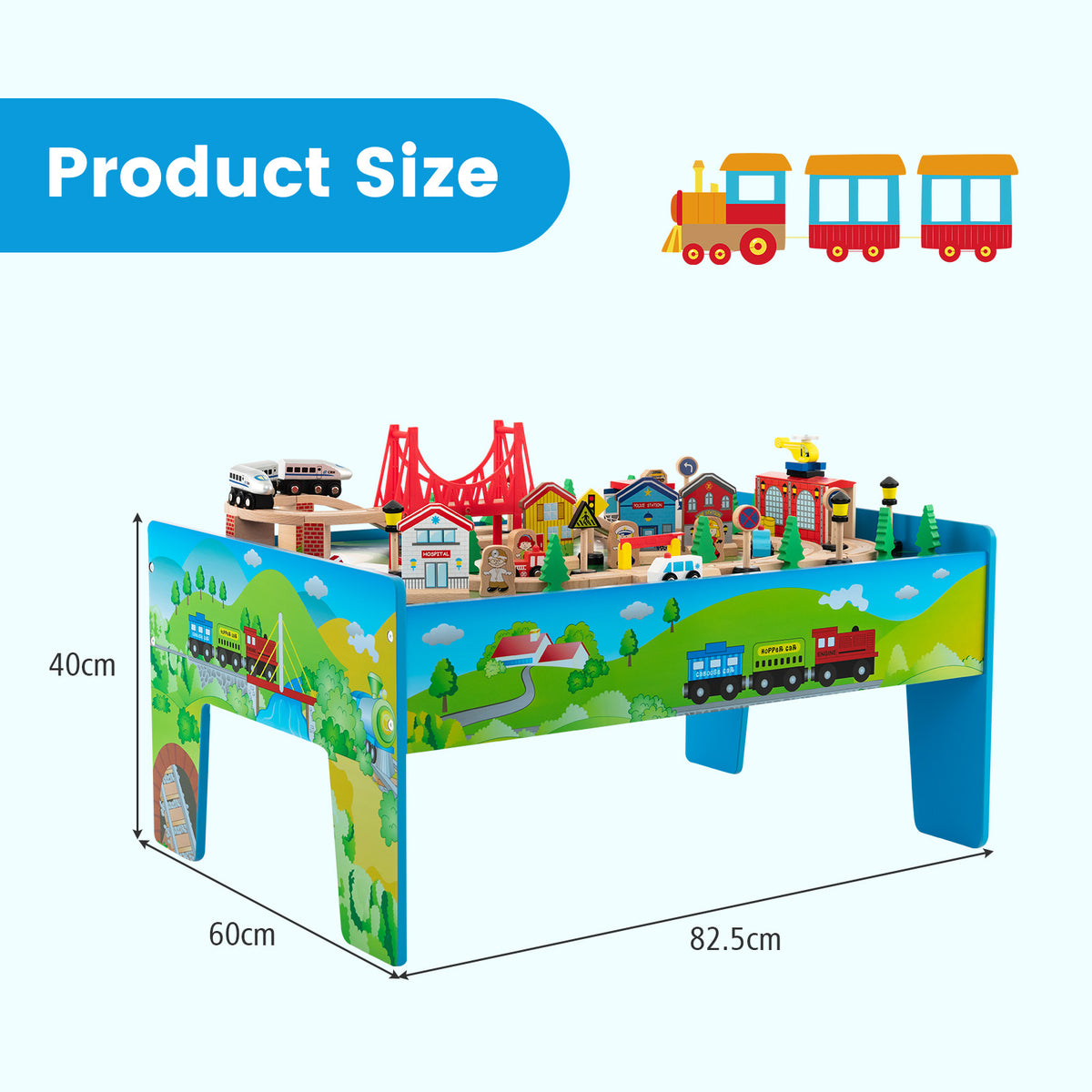 Diagram showing the dimensions of the wooden activity playset