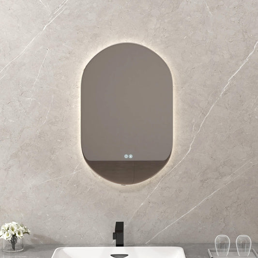 Oval LED Wall Mirror with dimmable 3-color lights and smart touch, shown mounted above a sink