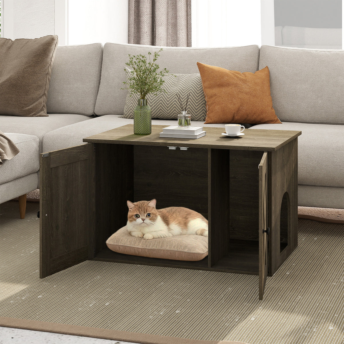 80 x 53 x 50 cm Indoor Wooden Cat House with Double Doors-Oak