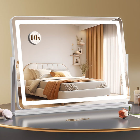The illuminated vanity mirror reflecting a bedroom interior with a small magnification attachment