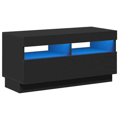 The TV cabinet with LED lights showing the blue glow from inside