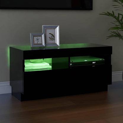 The cabinet with green LED lights glowing from the shelves