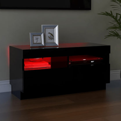 The black TV cabinet with red LED lights illuminating the front and sides