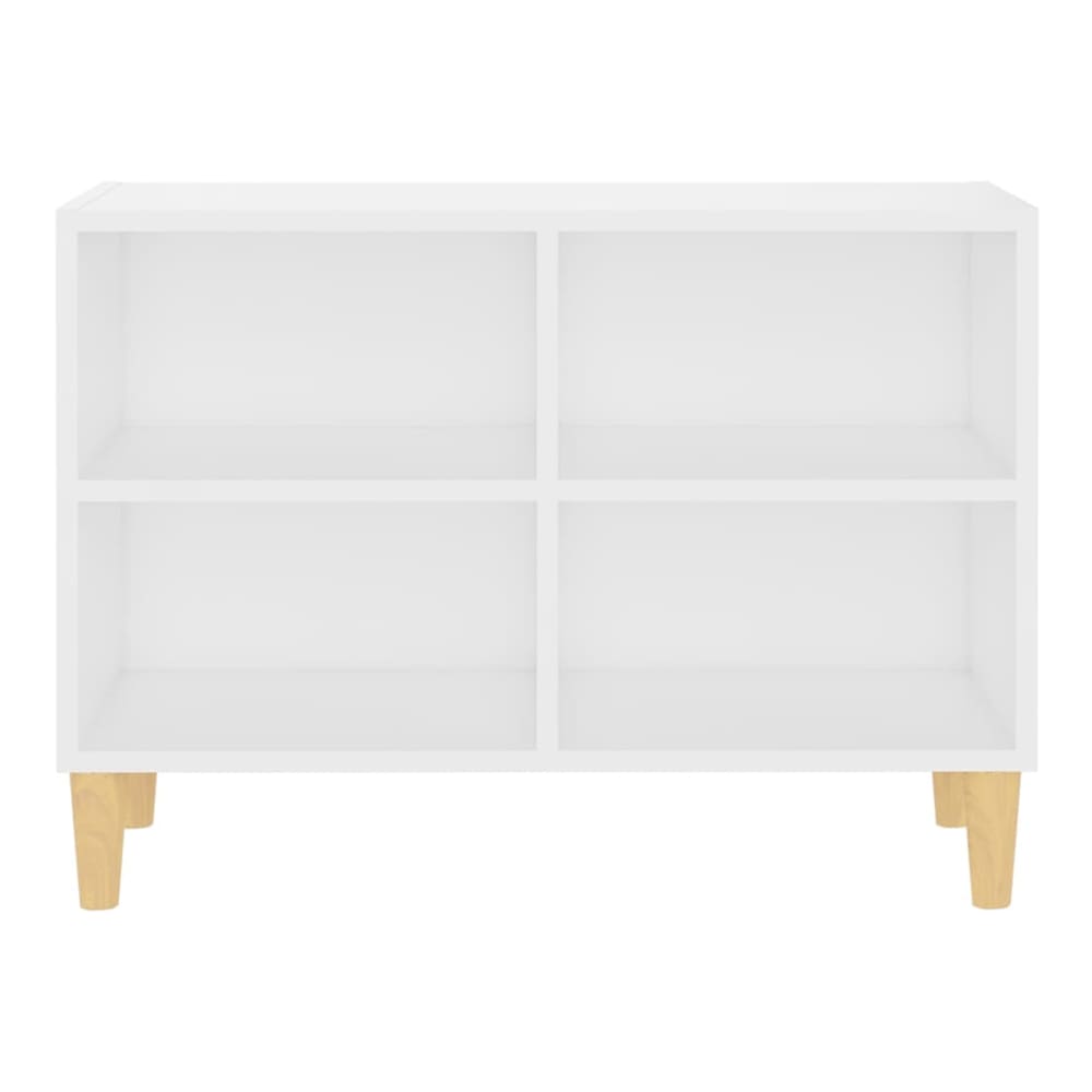 The white TV cabinet has four open storage sections and stands on four light wood legs