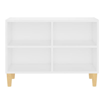 The white TV cabinet has four open storage sections and stands on four light wood legs