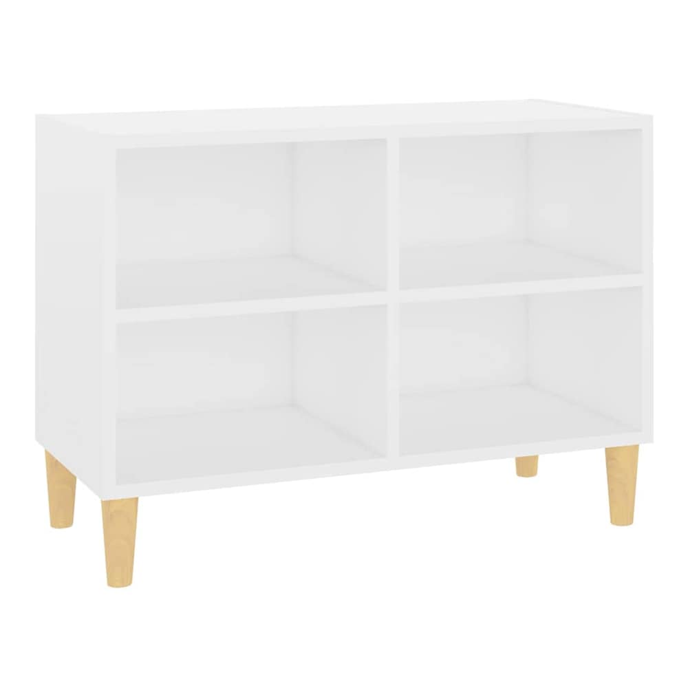 White TV stand with four open compartments and solid wood legs