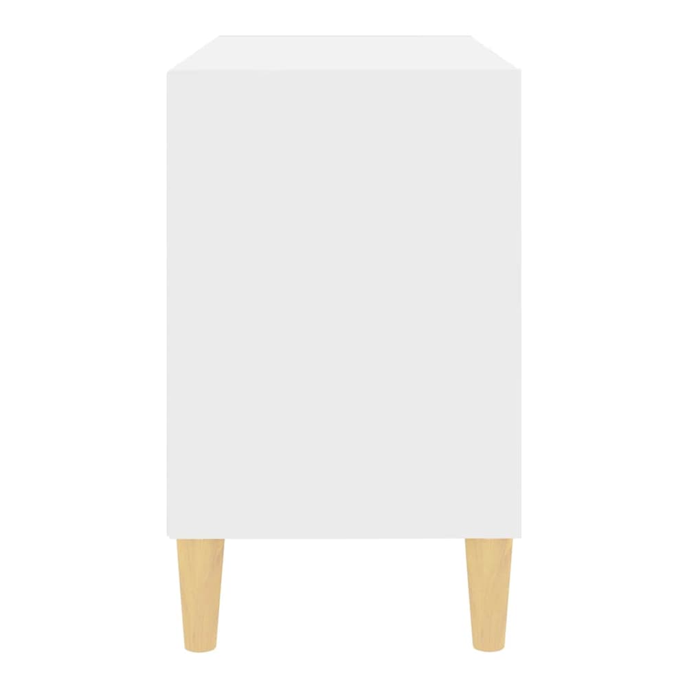 Side view of the white TV stand with solid wood legs