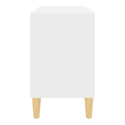 Side view of the white TV stand with solid wood legs