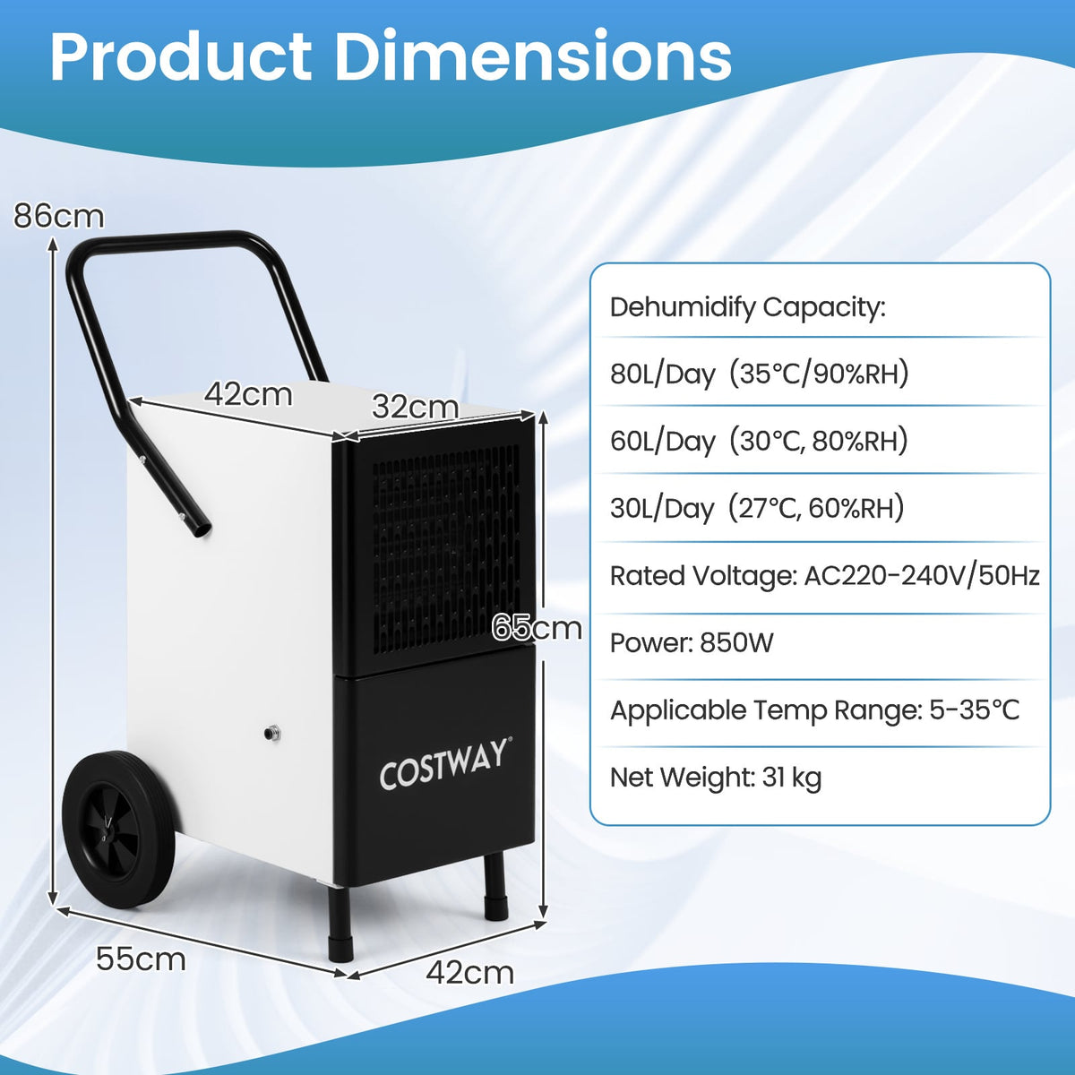 80L/Day Commercial Dehumidifier with Built-in Water Pump-Black