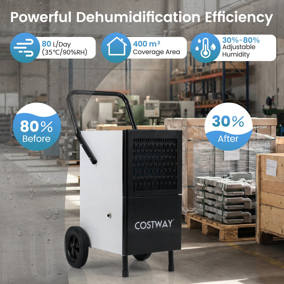 80L/Day Commercial Dehumidifier with Built-in Water Pump-Black