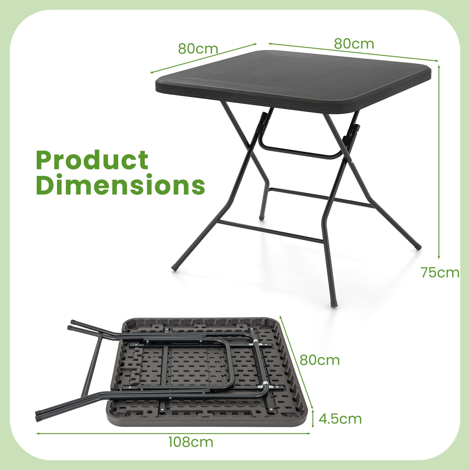 80 cm Square Folding Picnic Table 4-Person Patio Dining Table-Black