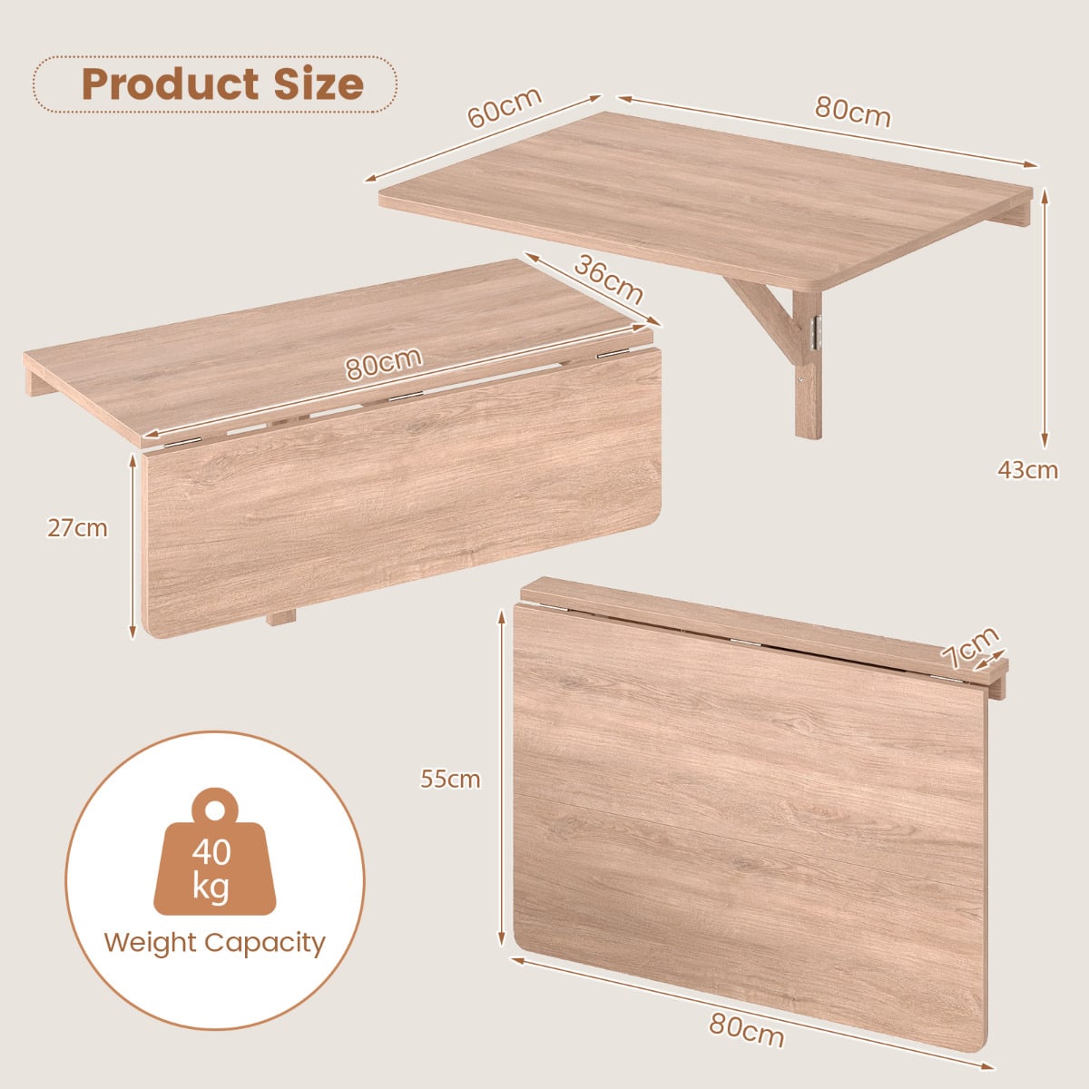 80 x 60 cm Wall Mounted Folding Table Drop-Leaf Floating Writing Desk-Coffee