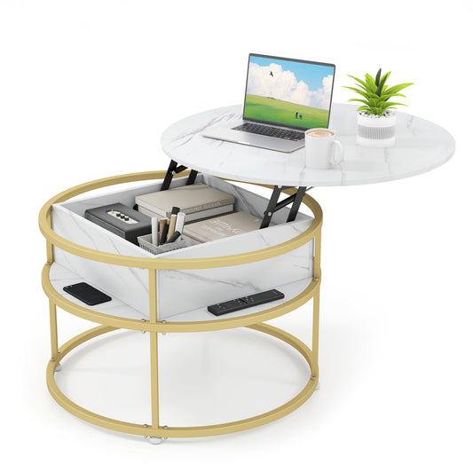 80cm Lift Top Coffee Table with a white marble effect top and gold legs, shown with the top lifted to reveal storage