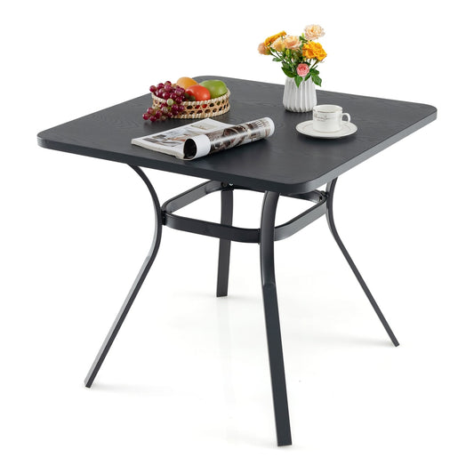80cm Patio Metal Square Table with curved legs and a dark surface, set with fruit and a magazine