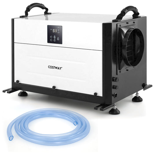Commercial dehumidifier with a blue drain hose coiled on top