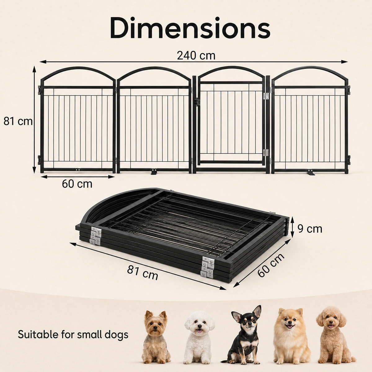 The pet gate shown in a diagram with dimensions and a selection of small dog breeds at the bottom