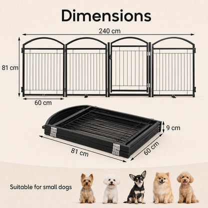 The pet gate shown in a diagram with dimensions and a selection of small dog breeds at the bottom