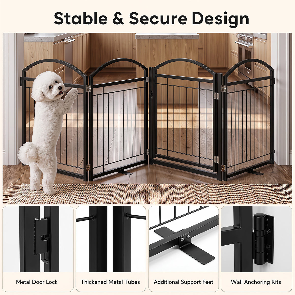 The pet gate shown with close-up details of the door lock, metal tubes, support feet and wall kits