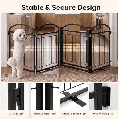 The pet gate shown with close-up details of the door lock, metal tubes, support feet and wall kits