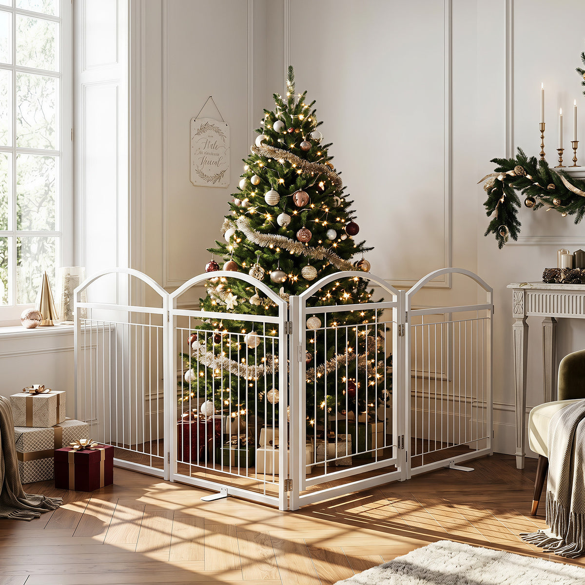 The white pet gate is used to protect a Christmas tree in a living room