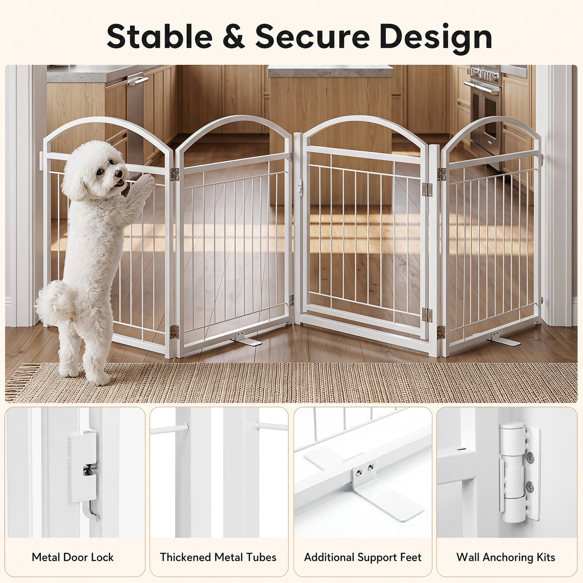Close up details of the white pet gate showing the door lock and construction