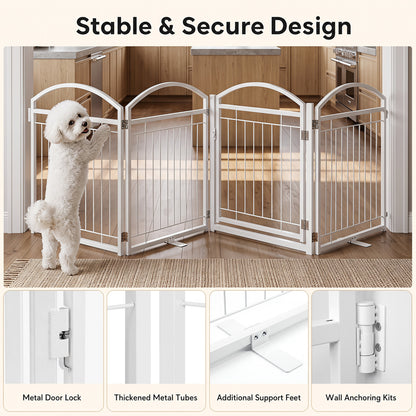 Close up details of the white pet gate showing the door lock and construction