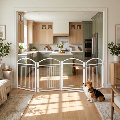 The white pet gate is set up across a kitchen doorway with a corgi sitting in front