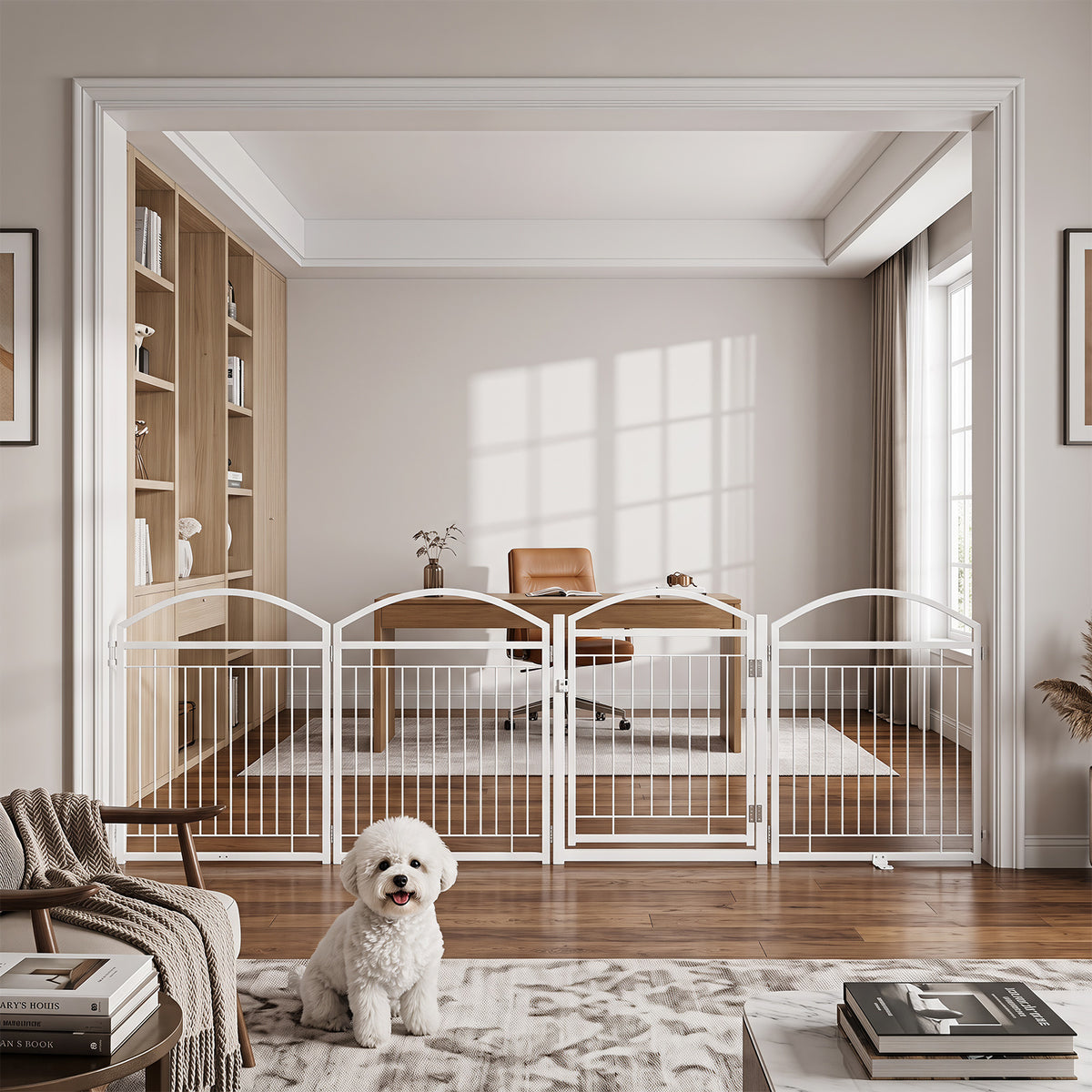 This white pet gate is used to section off a living room area with a bichon frise sitting in front