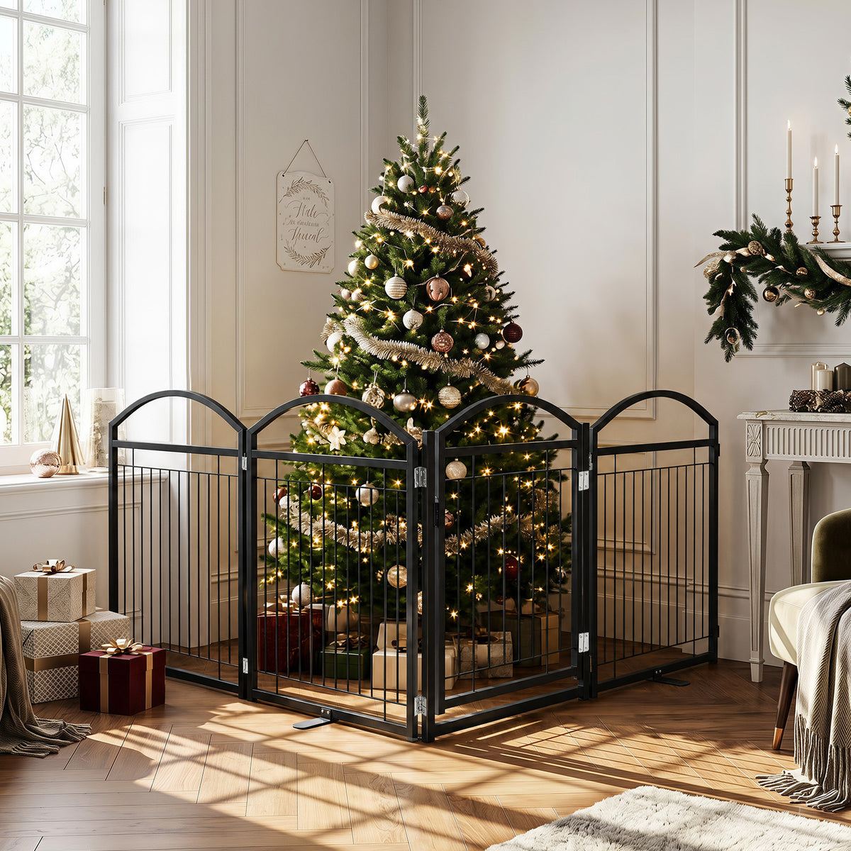 The pet gate surrounding a decorated Christmas tree in a living room to keep pets away