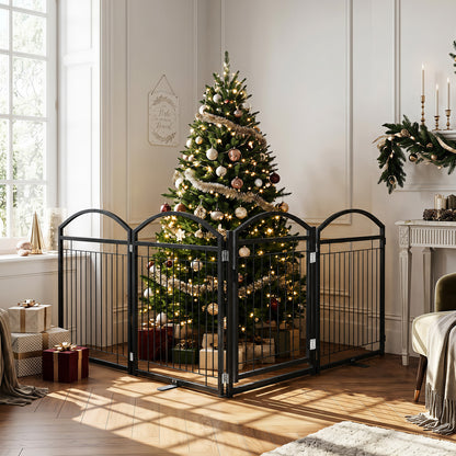 The pet gate surrounding a decorated Christmas tree in a living room to keep pets away