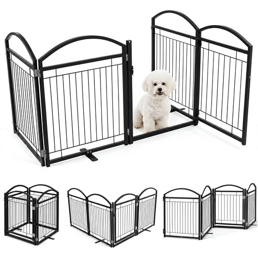 81 cm Foldable Dog Barrier Gate with four black metal panels and a small white dog sitting inside