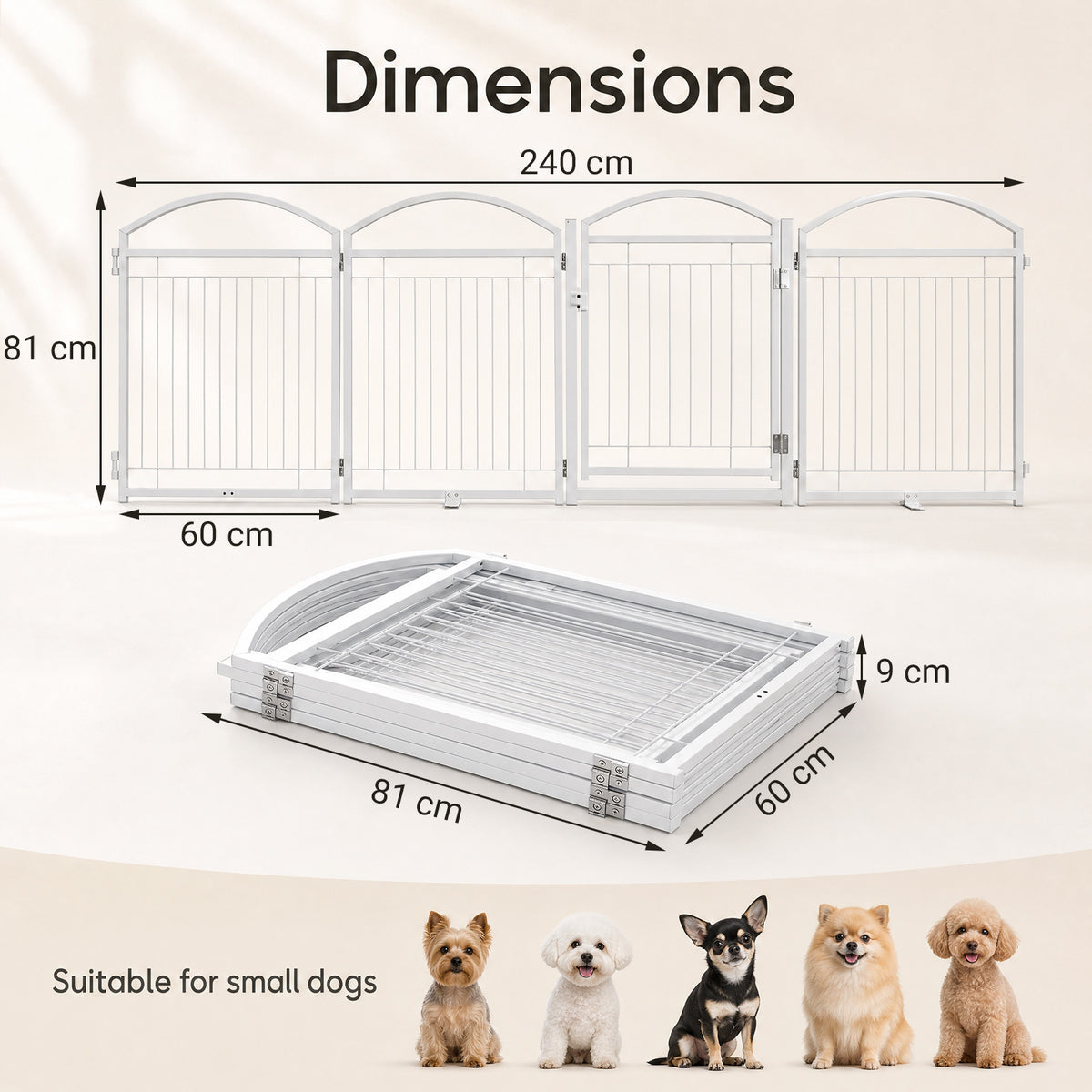 Dimensions diagram for the white foldable dog barrier gate