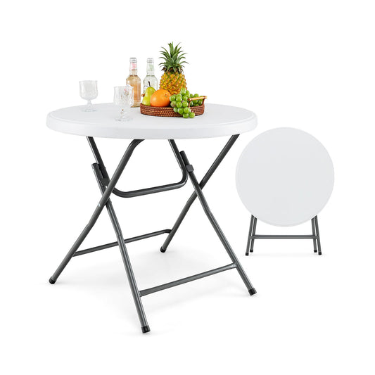 81 CM Round Folding Plastic Table shown set up and folded for storage