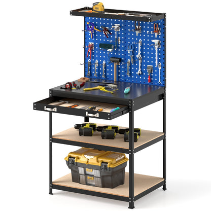 The garage workbench showing the open drawer and lower shelves holding power tools and a box