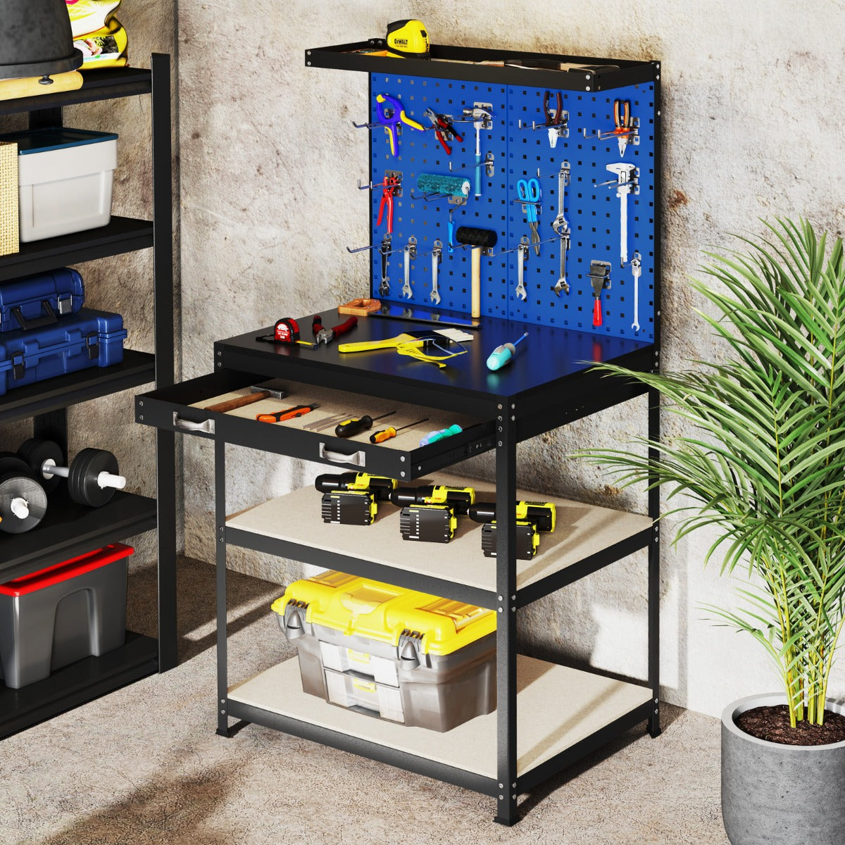 The garage workbench placed in a workshop corner with tools hanging on the blue pegboard