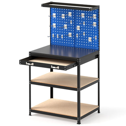 Workbench with Pegboard and Drawer and Shelves in navy with an open drawer and empty storage shelves