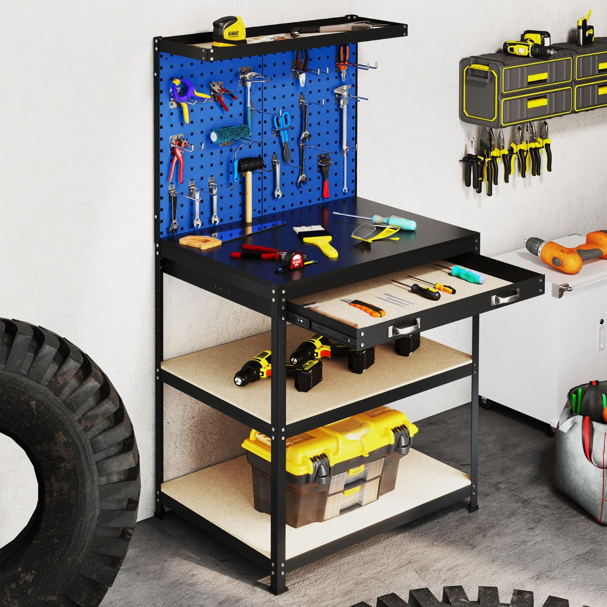 The garage workbench featuring a pull-out drawer filled with various hand tools and equipment
