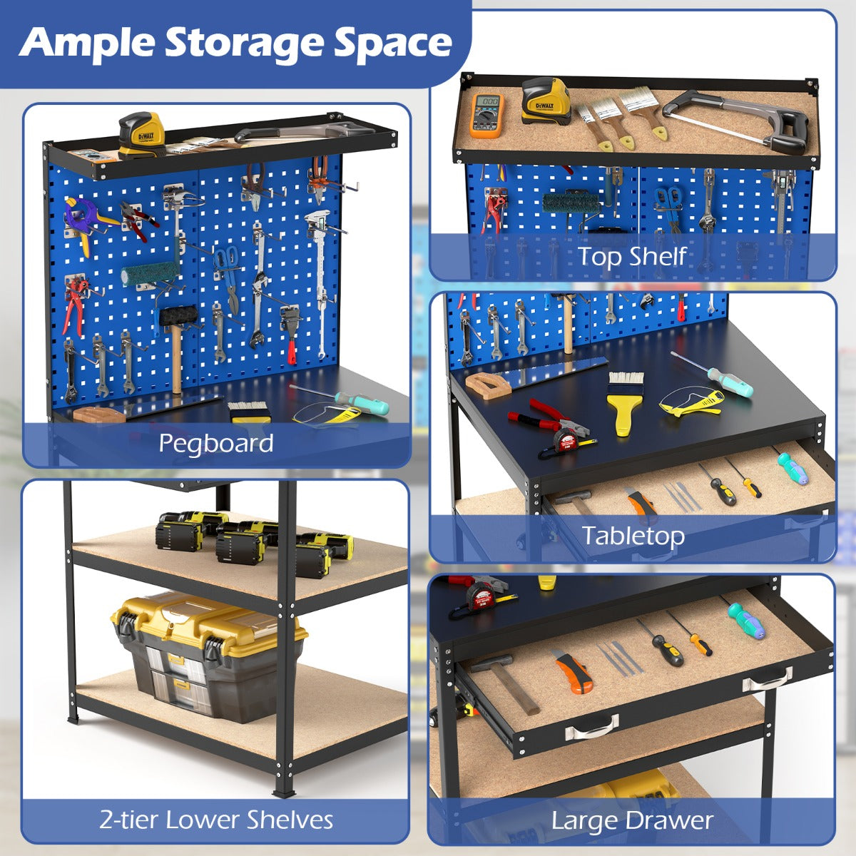 The garage workbench showing close-up details of the pegboard, shelves, and storage drawer