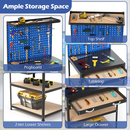 The garage workbench showing close-up details of the pegboard, shelves, and storage drawer