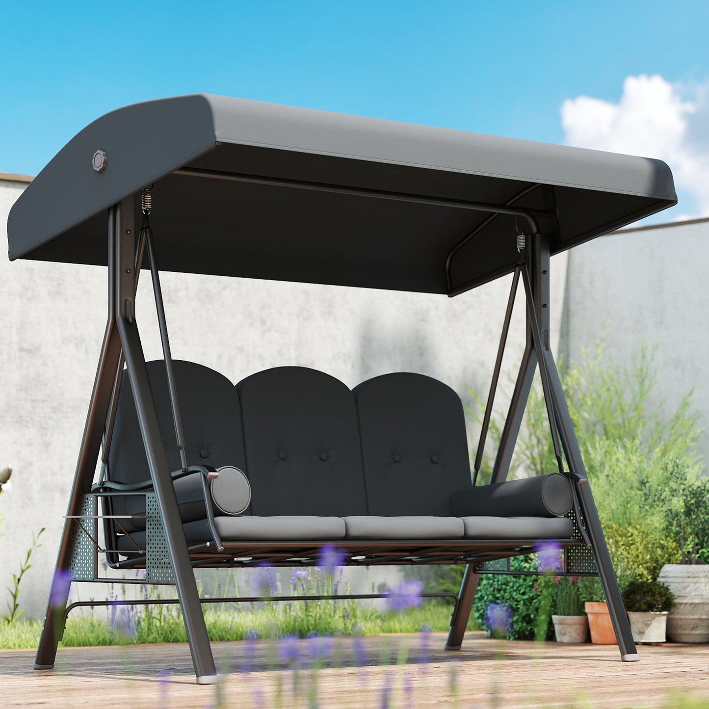 Outsunny 3 Seater Garden Swing Chair Outdoor Hammock Bench w/ Adjustable Canopy, Cushions and Cup Trays, Brown Steel Frame, Dark Grey Fabric