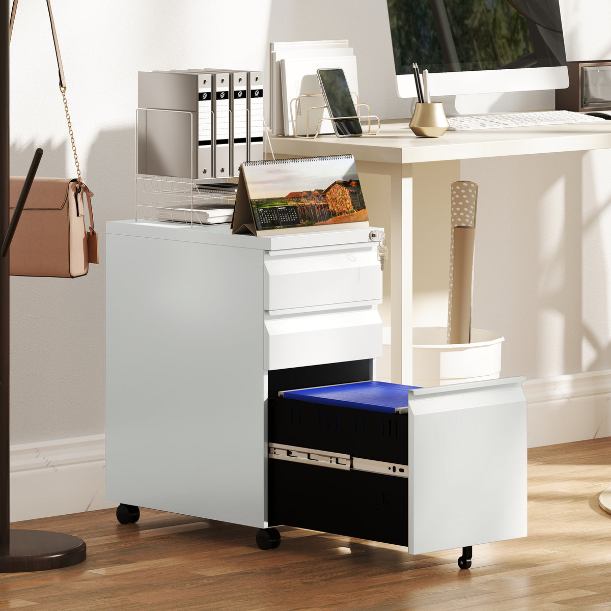 Vinsetto 3-Drawer Steel Filing Cabinet with Lock and Wheels in White