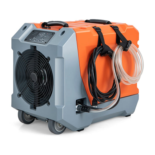85 L/Day Commercial Dehumidifier with Auto Defrost-Orange, a portable dehumidifier with grey and orange casing and wheels
