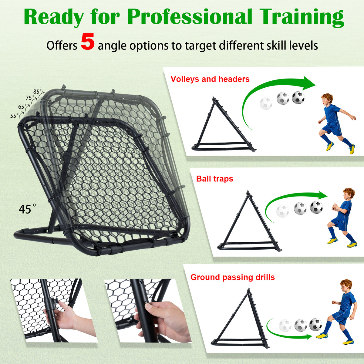 Close up of the football rebounder showing adjustable angles and training options